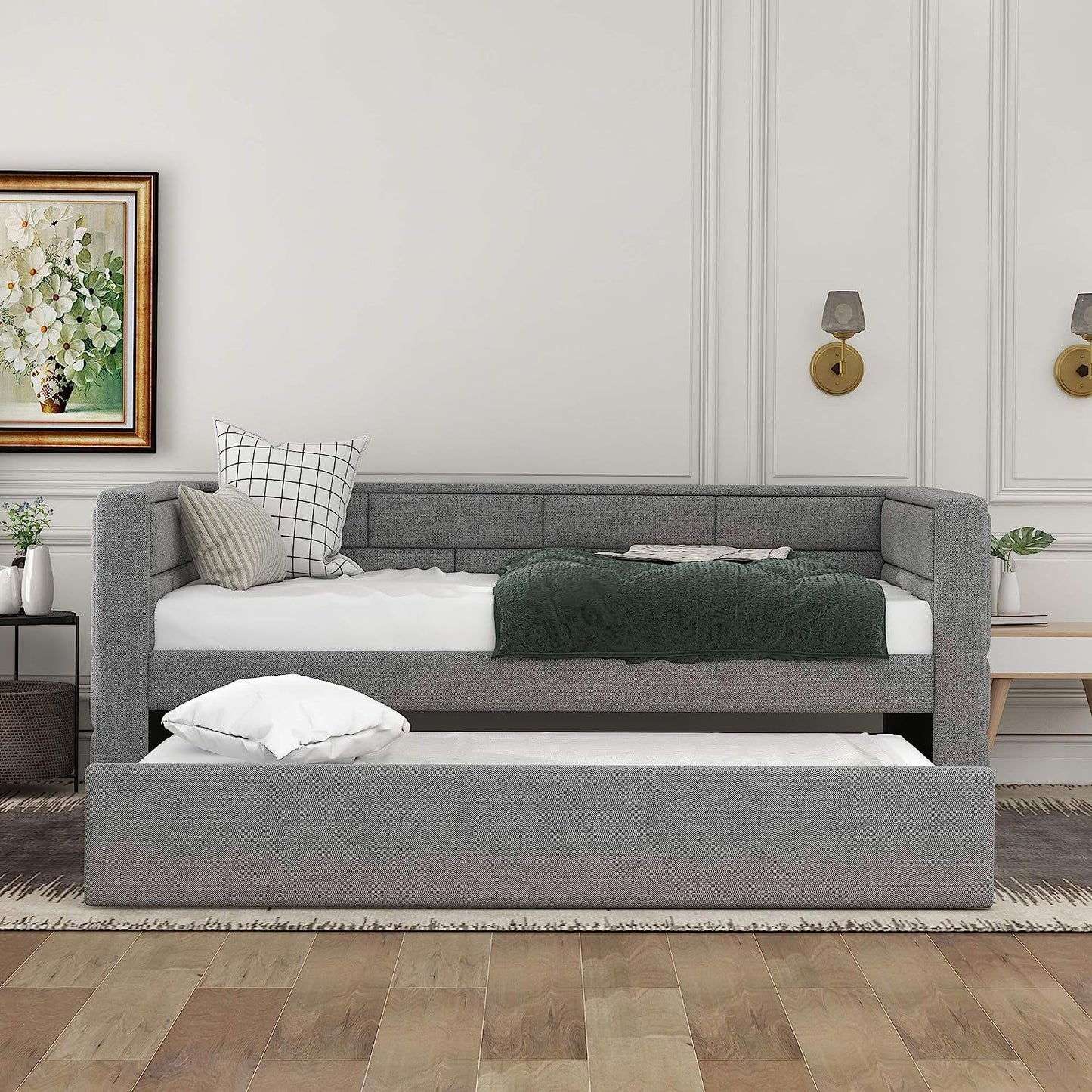 Oudiec Upholstered Twin Size Daybed with Trundle,Gray