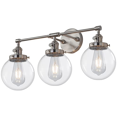 Nickel Bathroom Vanity Lights Fixtures with Switch, 3-Light Brushed Modern Industrial Style, 5.9'' HandBlown Frosted Glass Globe Shade