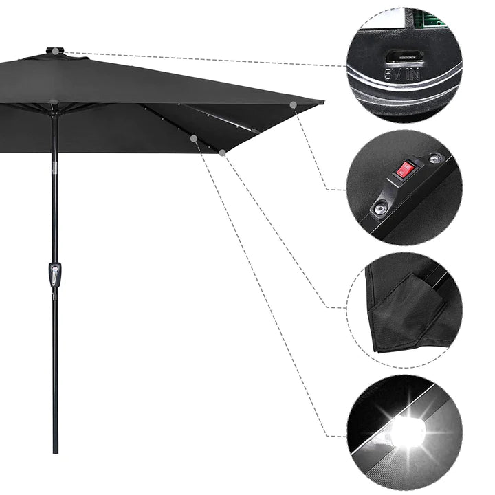 Yescom 10x10 Ft LED Light Patio Umbrella Solar Power 8-Rib Tilt Aluminum for Outdoor Yard Table Poolside, USB Port