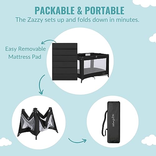 Zazzy Portable Playard with Bassinet in Black, Lightweight Packable and Easy Setup Baby Playard with Mattress and Travel Bag