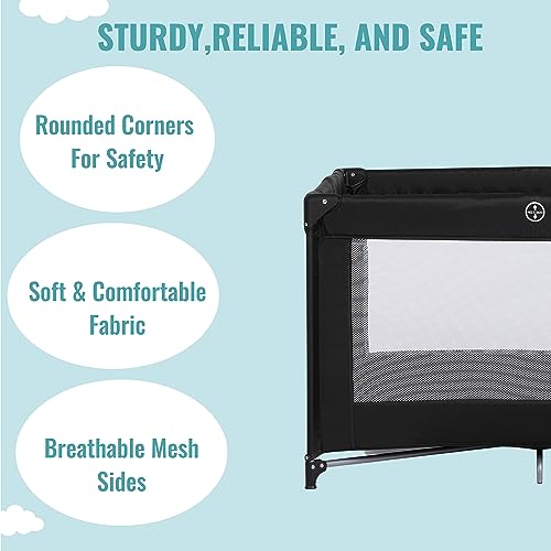 Zazzy Portable Playard with Bassinet in Black, Lightweight Packable and Easy Setup Baby Playard with Mattress and Travel Bag