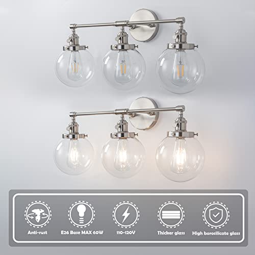 Nickel Bathroom Vanity Lights Fixtures with Switch, 3-Light Brushed Modern Industrial Style, 5.9'' HandBlown Frosted Glass Globe Shade