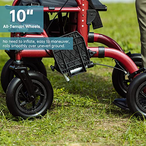 ELENKER All-Terrain 2 in 1 Rollator Walker & Transport Chair, Red