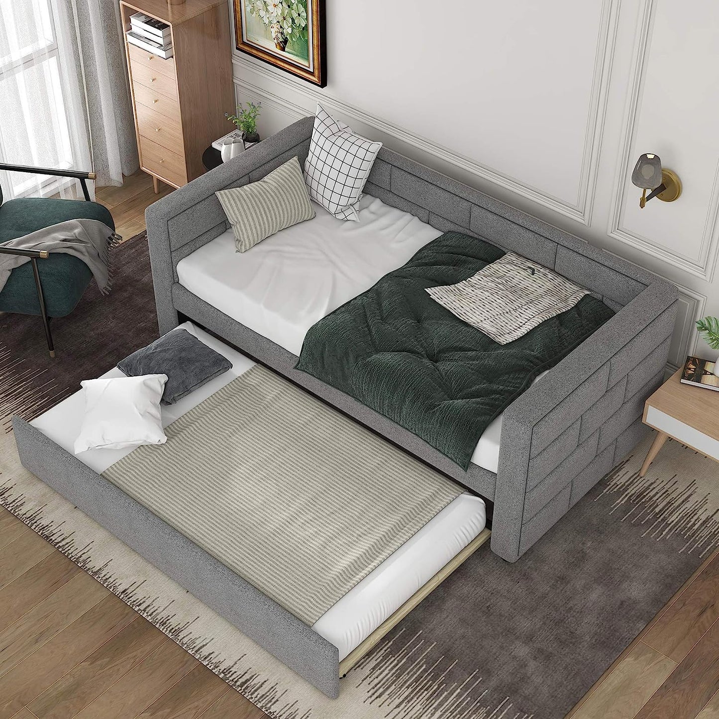 Oudiec Upholstered Twin Size Daybed with Trundle,Gray