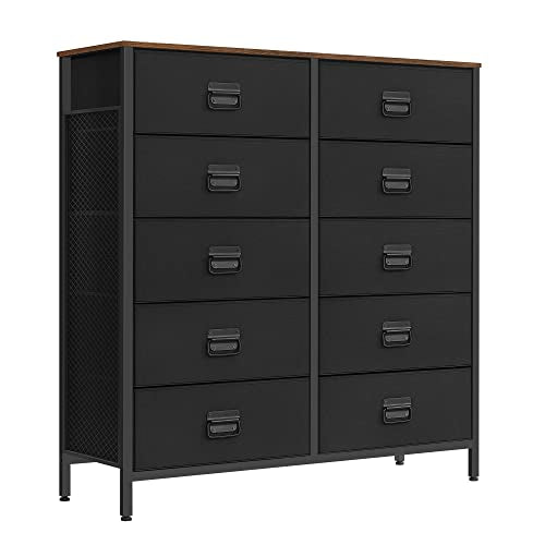 SONGMICS Dresser for Bedroom, Storage Organizer Unit with 10 Fabric Drawers, Steel Frame, for -Living -Room, Entryway, 10 drawers Brown + Black