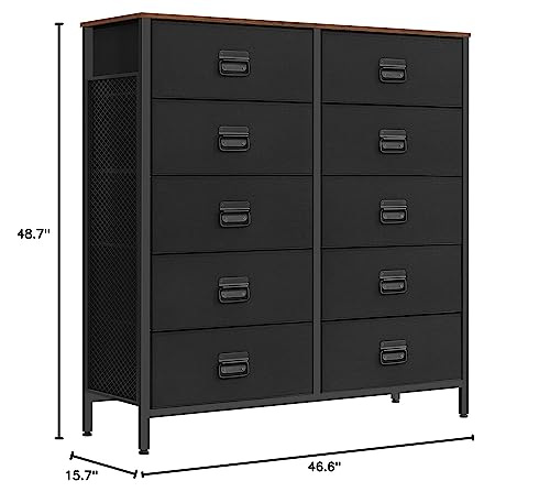 SONGMICS Dresser for Bedroom, Storage Organizer Unit with 10 Fabric Drawers, Steel Frame, for -Living -Room, Entryway, 10 drawers Brown + Black