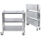 3 Shelf Stainless Steel Utility Service Cart Folding Collapsible Serving Cart with Wheels 300lbs Kitchen Trolley Catering Storage Shelf Utility Rolling Cart for Restaurant 25â€L x 15.8â€W x 37.8â€H