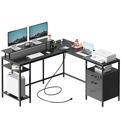 SUPERJARE Reversible Computer Desk with Power Outlets & File Cabinet, L Shaped Desk with Monitor Stand & Storage Shelves, Corner Desk Home Office Desk, Black