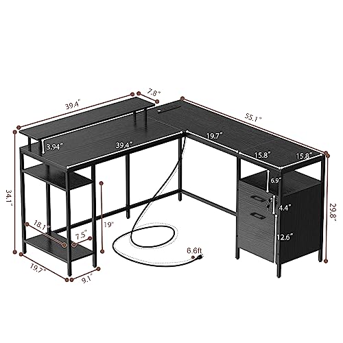 SUPERJARE Reversible Computer Desk with Power Outlets & File Cabinet, L Shaped Desk with Monitor Stand & Storage Shelves, Corner Desk Home Office Desk, Black