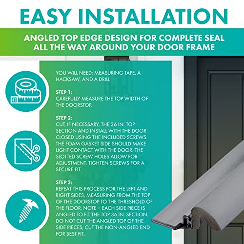 Simply Conserve Premium Screw-On Set Door Weatherstripping with Aluminum Carrier and Foam Gasket in Gray KC600-G | Door Draft Stopper for Sides and Top | Foam Weather Stripping Door Seal