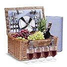 Flexzion Picnic Basket for 4 Person, Rectangular Wicker, Plates