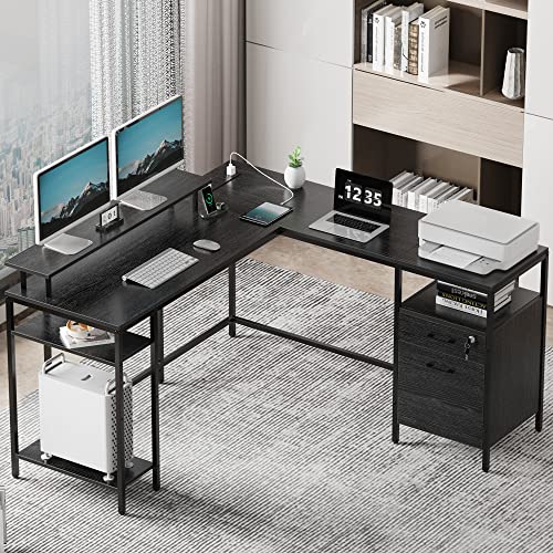 SUPERJARE Reversible Computer Desk with Power Outlets & File Cabinet, L Shaped Desk with Monitor Stand & Storage Shelves, Corner Desk Home Office Desk, Black