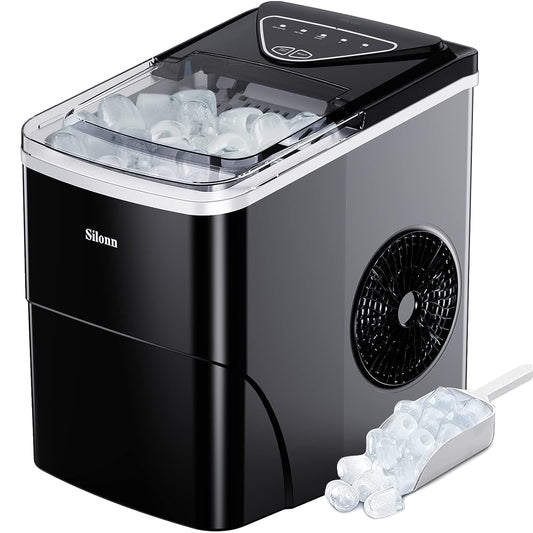 Silonn Ice Maker Countertop, 9 Cubes Ready in 6 Mins, 26lbs in 24Hrs, Self-Cleaning Ice Machine with Ice Scoop and Basket, 2 Sizes of Bullet Ice for Home Kitchen Office Bar Party