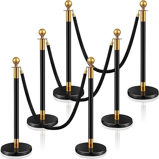 Stainless Steel Stanchion Post Queue 5 ft Red, 6 Pieces, Black, Gold