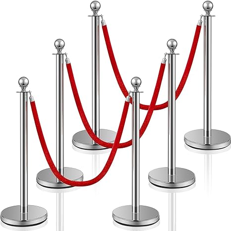 Stainless Steel Stanchion Post Queue 5 ft Red, 6 Pieces, Silver