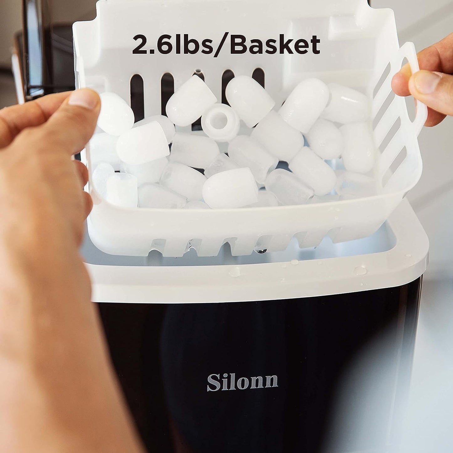 Silonn Ice Maker Countertop, 9 Cubes Ready in 6 Mins, 26lbs in 24Hrs, Self-Cleaning Ice Machine with Ice Scoop and Basket, 2 Sizes of Bullet Ice for Home Kitchen Office Bar Party