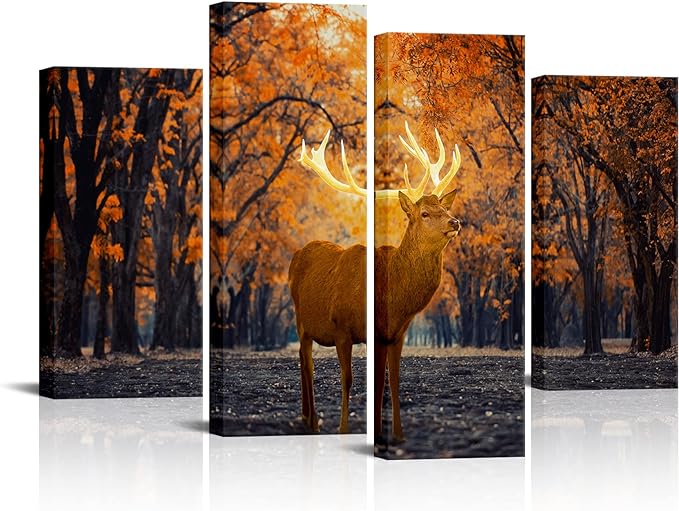 VANSEEING 4 Panel Deer in Autumn Forest Canvas, Hang