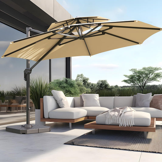 VINEY 2023 PLUS 11&12ft Double Top Patio Outdoor Offset Umbrellas Cantilever Umbrella 60 Month Fade Resistance & UV Protection Outtra Recycled Fabric, 360 Rotation with Aluminum Pole with Cross Base